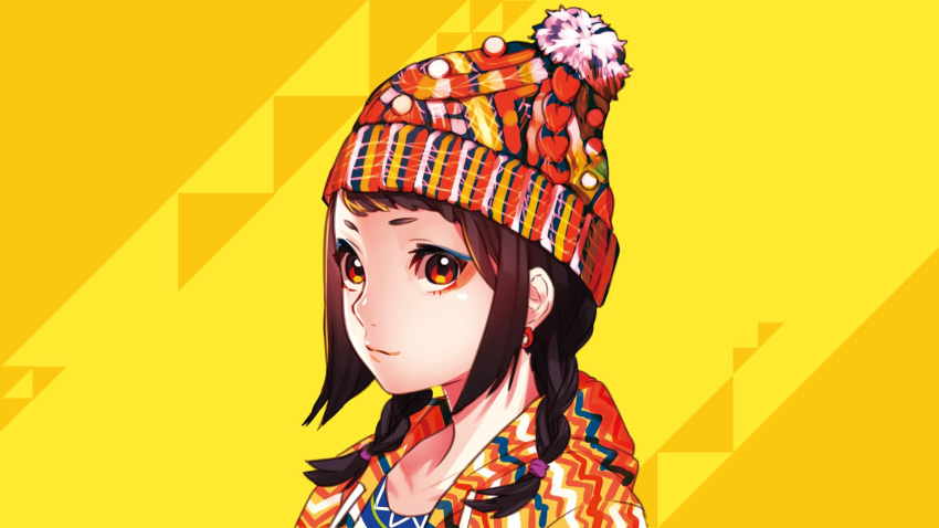bangs beanie braid brown_hair commentary_request drawstring eyeliner hat highres hood hood_down looking_at_viewer makeup mika_pikazo multicolored multicolored_clothes multicolored_hat original red_eyes sidelocks swept_bangs third-party_source twin_braids upper_body yellow_background