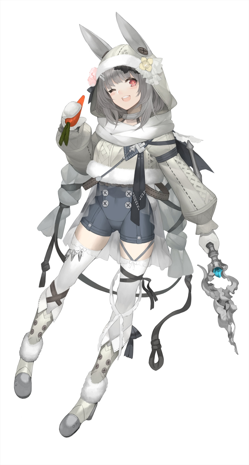 1girl ;d absurdres animal_hood bangs blush boots buck_teeth bunny_hood buttons carrot coat flower food full_body fur-trimmed_boots fur-trimmed_coat fur-trimmed_hood fur_trim grey_hair hair_ornament hairclip highres holding holding_food hood looking_at_viewer mittens one_eye_closed open_mouth original rayvon red_eyes ribbon scarf silver_hair simple_background smile solo staff tagme white_background white_mittens white_scarf