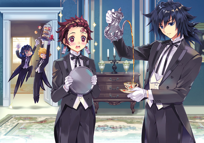 4boys agatsuma_zenitsu bangs black_coat black_pants blonde_hair blue_eyes blush butler candle carnelian carpet coat commentary_request cup cupboard dark_blue_hair decantering door earrings eyebrows_visible_through_hair flower gloves green_eyes hair_between_eyes hashibira_inosuke holding holding_cup holding_plate holding_teapot indoors jewelry jumping kamado_tanjirou kimetsu_no_yaiba medium_hair multiple_boys neck_ribbon open_mouth outstretched_arms painting pants plate pointy_hair pouring red_eyes redhead ribbon rose scone shirt short_hair sparkle tailcoat tomioka_giyuu vase wall white_gloves white_shirt