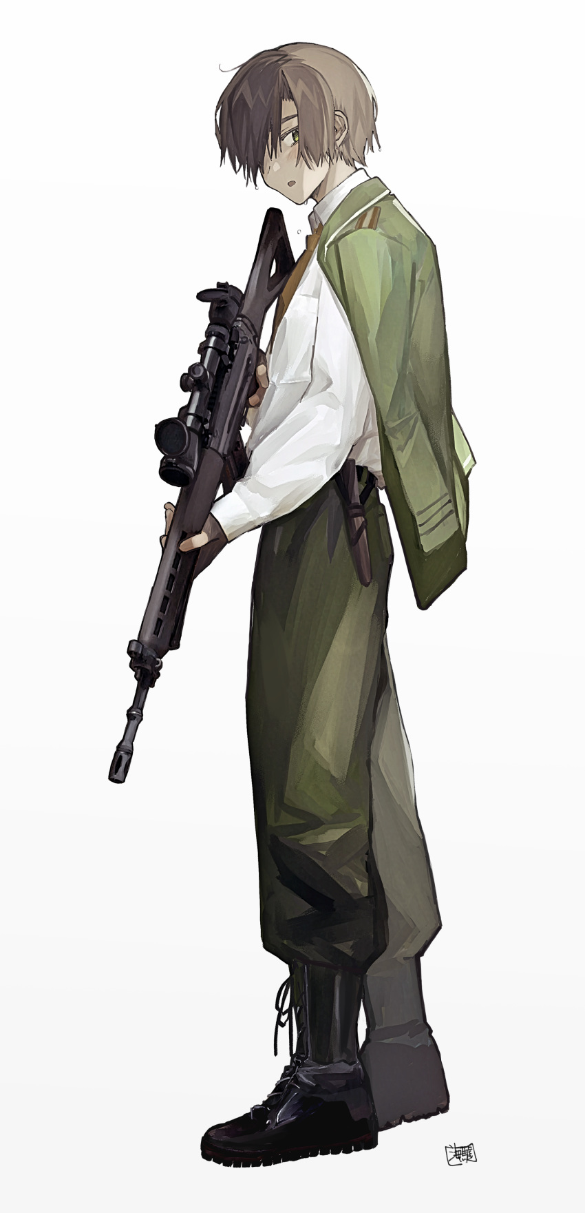 1girl absurdres androgynous assault_rifle commentary_request full_body gun hair_over_one_eye highres holding holding_gun holding_weapon jacket_on_shoulders original rifle scope seallllion short_hair sig_550 sig_sauer simple_background solo weapon