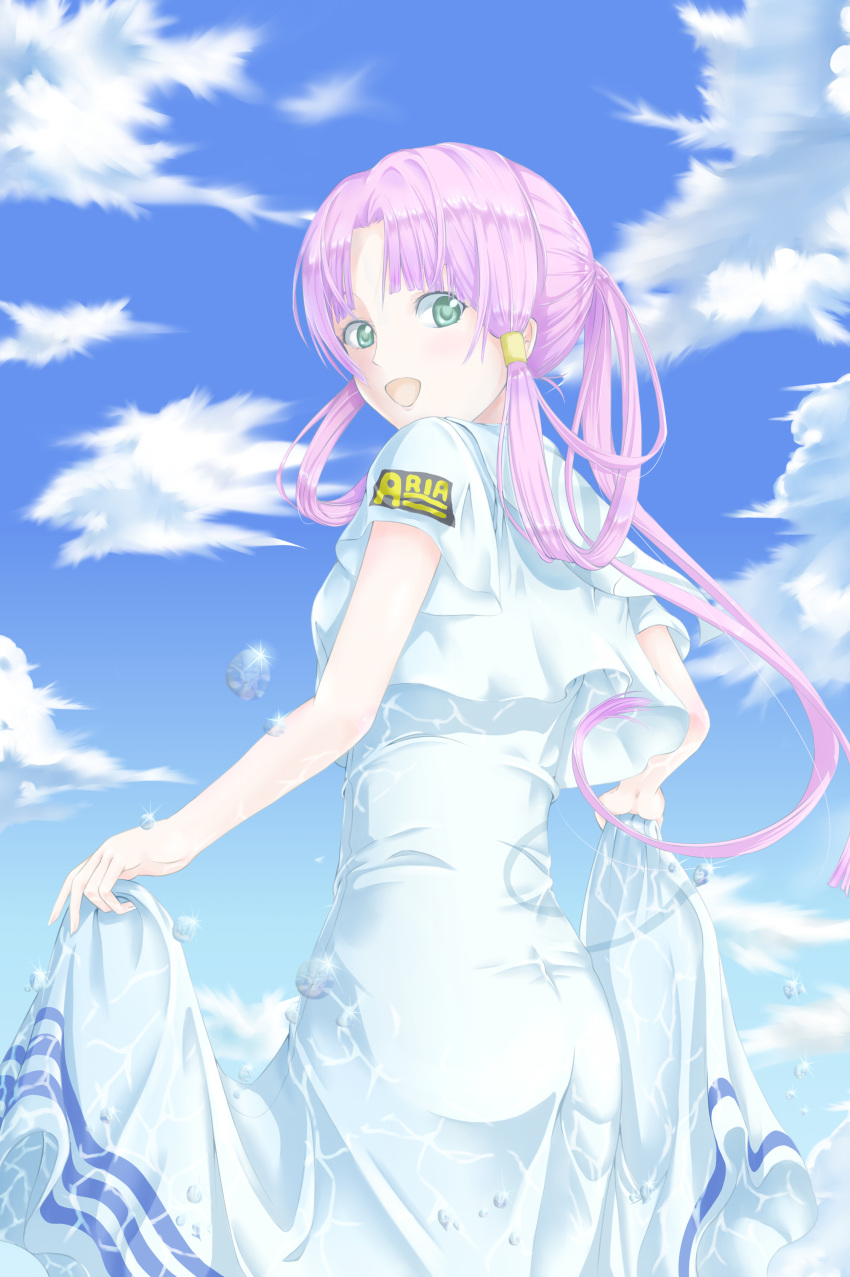 1girl :d absurdres aria blue_sky clouds copyright_name cowboy_shot dress floating_hair green_eyes hair_intakes highres kamehito long_dress long_hair looking_at_viewer looking_back mizunashi_akari open_mouth pink_hair sailor_collar sailor_dress shiny shiny_hair sidelocks skirt_hold sky smile solo standing tied_hair very_long_hair white_dress white_sailor_collar