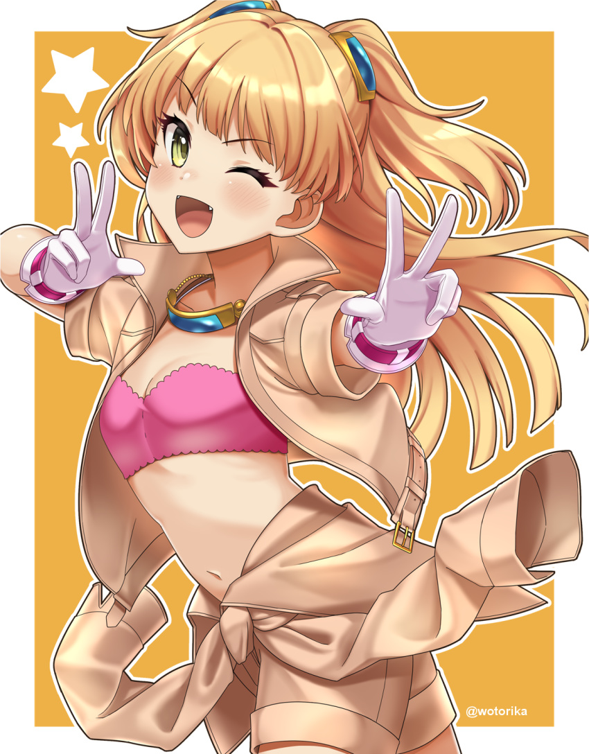 1girl bandeau bangs beige_jacket beige_shorts blonde_hair blush border breasts clothes_around_waist double_v fang gloves green_eyes highres idolmaster idolmaster_cinderella_girls jacket jougasaki_rika long_hair long_sleeves looking_at_viewer navel one_eye_closed open_clothes open_jacket open_mouth small_breasts smile solo star two_side_up v white_border white_gloves wotori yellow_background