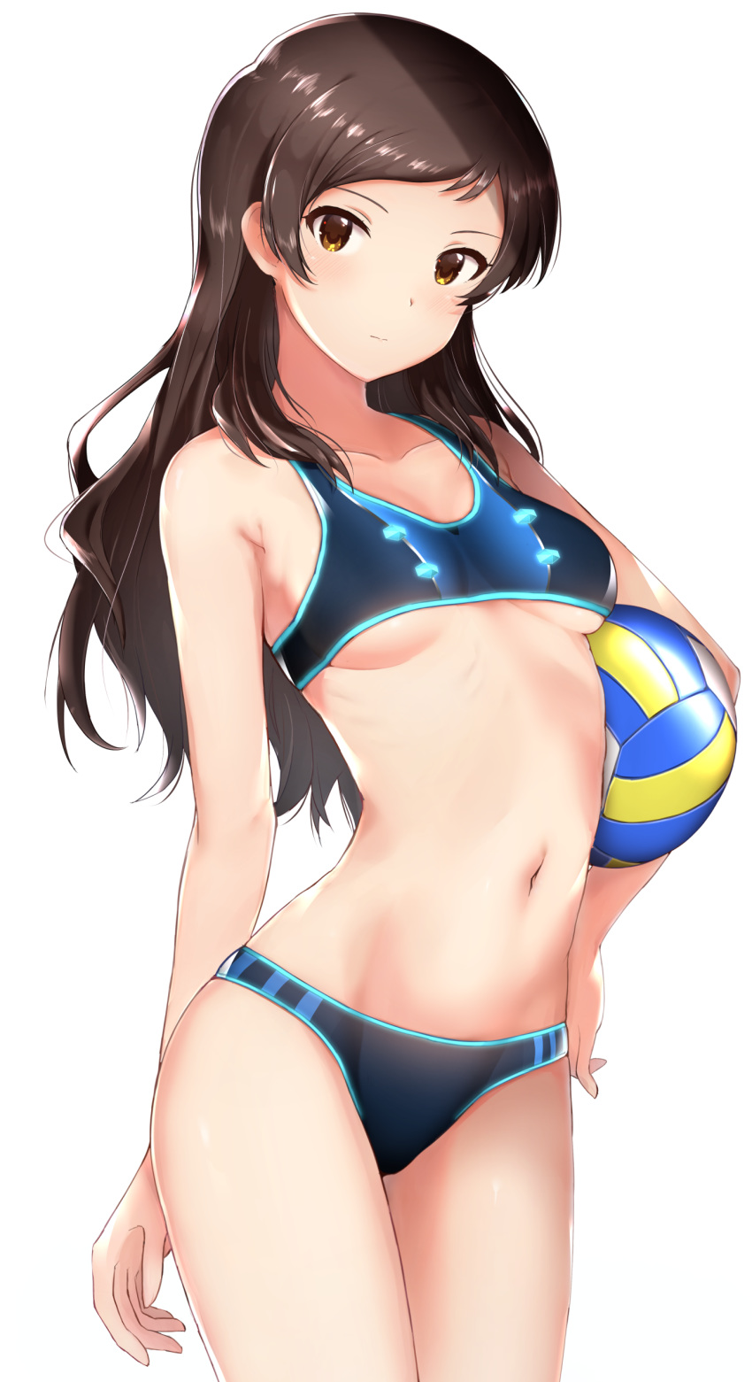 1girl absurdres arm_at_side bare_arms bare_shoulders bikini blue_bikini blush breasts brown_eyes brown_hair closed_mouth collarbone commentary_request cowboy_shot hand_on_hip highres homco idolmaster idolmaster_million_live! kitazawa_shiho long_hair looking_at_viewer navel simple_background small_breasts solo sports_bikini sportswear stomach swimsuit under_boob volleyball white_background