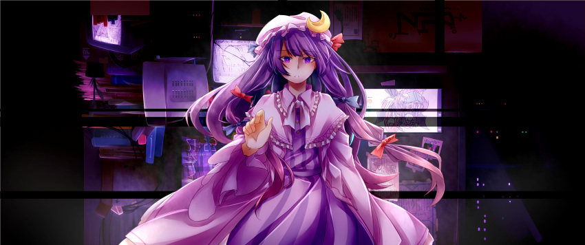 1girl :o absurdres bat_wings book_stack bookmark box broken building cable capelet cardboard_box chair city_lights crescent crescent_moon_pin crystal dated dress english_commentary eyebrows_visible_through_hair gradient_hair hair_ribbon hat head_wings hexagram highres ieka koakuma long_hair long_sleeves looking_at_viewer messy_room mob_cap monitor multicolored_hair necktie news night paper patchouli_knowledge purple_dress purple_hair reaching_out red_eyes red_neckwear redhead ribbon shirt sidelocks solo striped striped_shirt table touhou tress_ribbon upside-down vertical-striped_shirt vertical_stripes very_long_hair violet_eyes white_neckwear wide_sleeves window wings