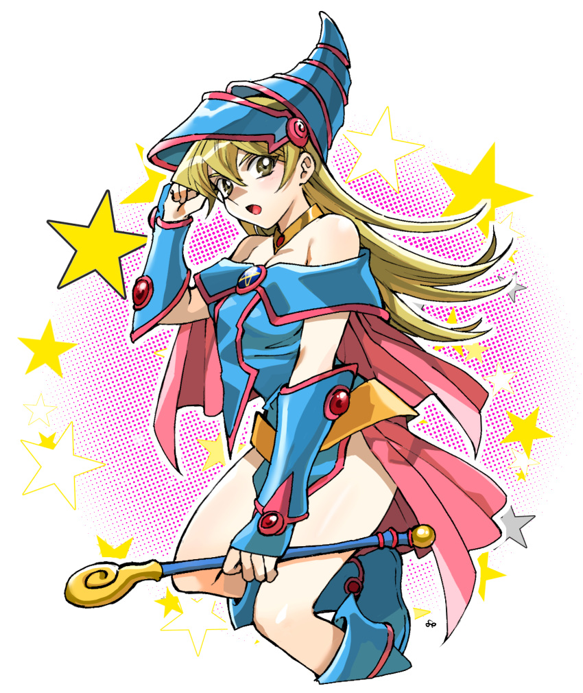 1girl 203wolves bangs bare_shoulders blonde_hair blush boots breasts cape capelet commentary_request cosplay dark_magician_girl dark_magician_girl_(cosplay) gloves hat highres holding knee_boots long_hair looking_at_viewer medium_breasts open_mouth pentagram pink_cape shiny shiny_hair signature simple_background star starry_background tenjouin_asuka wand wizard_hat yellow_eyes yuu-gi-ou yuu-gi-ou_gx