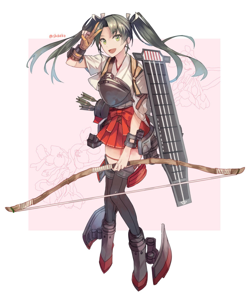 1girl arrow boots bow_(weapon) commentary_request dark_green_hair flight_deck floral_background full_body gloves green_eyes grey_legwear hair_ribbon hakama_skirt highres kantai_collection kasumi_(skchkko) long_hair looking_at_viewer muneate partly_fingerless_gloves pink_background quiver ribbon single_glove solo standing tasuki thigh-highs thigh_boots twintails twitter_username two-tone_background weapon white_background white_ribbon yugake zuikaku_(kantai_collection)