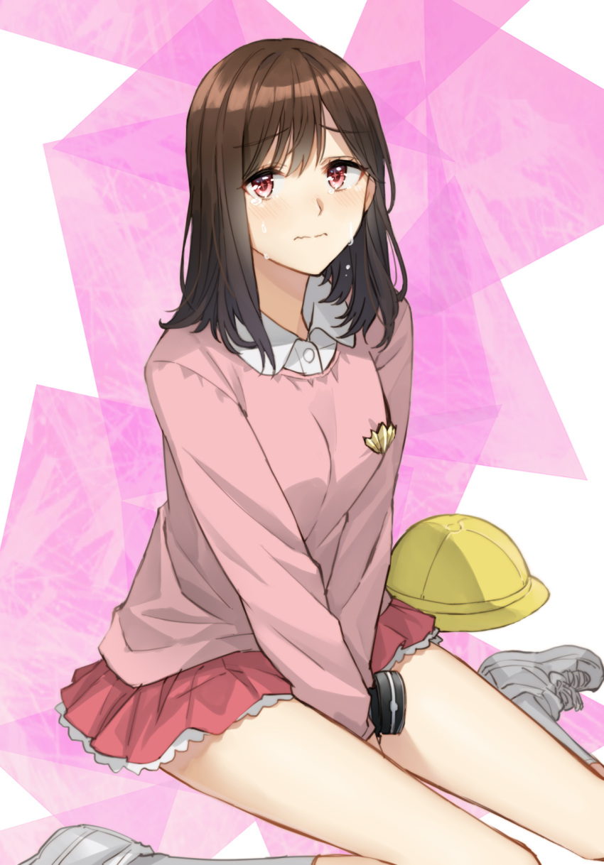 1girl bangs between_legs blush breasts brown_hair closed_mouth collared_shirt crying crying_with_eyes_open dress_shirt eyebrows_visible_through_hair hand_between_legs hat hat_removed headwear_removed highres kindergarten_uniform long_hair looking_at_viewer mashin_sentai_kiramager ooharu_sayo pink_shirt pleated_skirt red_eyes red_skirt school_hat shirt shoes sitting skirt small_breasts socks solo somechime_(sometime1209) super_sentai tears wariza wavy_mouth white_footwear white_legwear white_shirt yellow_headwear