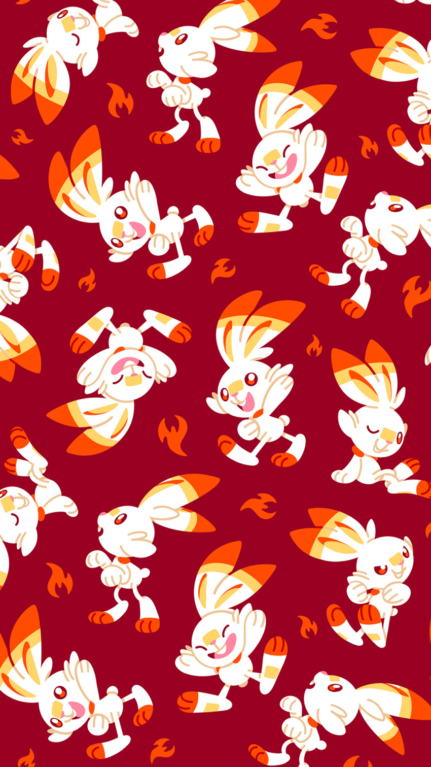 bunny_focus commentary creature english_commentary gen_8_pokemon highres no_humans phone_wallpaper pokemon pokemon_(creature) rabbit red_background scorbunny simple_background versiris
