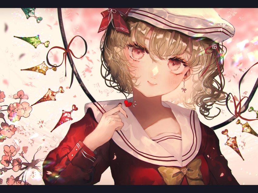 1girl alternate_costume alternate_headwear arm_up bangs blonde_hair blurry blurry_background bow bowtie cherry_blossoms clover_hair_ornament commentary_request drop_earrings flandre_scarlet four-leaf_clover_hair_ornament hair_between_eyes hair_ornament hair_ribbon hat hat_ribbon head_tilt heart jewelry letterboxed looking_at_viewer majamari one_side_up red_eyes red_shirt ribbon sailor_collar sailor_hat shirt single_earring sleeve_cuffs smile solo touhou upper_body white_headwear white_sailor_collar wings yellow_neckwear