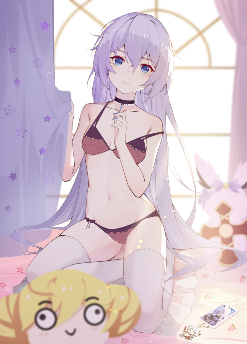 1girl ai_chan black_choker blue_eyes blurry blurry_background blurry_foreground blush breasts cellphone character_doll choker commentary_request curtain_grab curtains food_print hair_between_eyes highres honkai_(series) honkai_impact_3rd hymxiaocyan indoors jewelry keychain long_hair navel necklace off_shoulder phone silver_hair sitting small_breasts smartphone smile solo star star_necklace star_print strawberry_print theresa_apocalypse thigh-highs underwear underwear_only very_long_hair white_legwear window