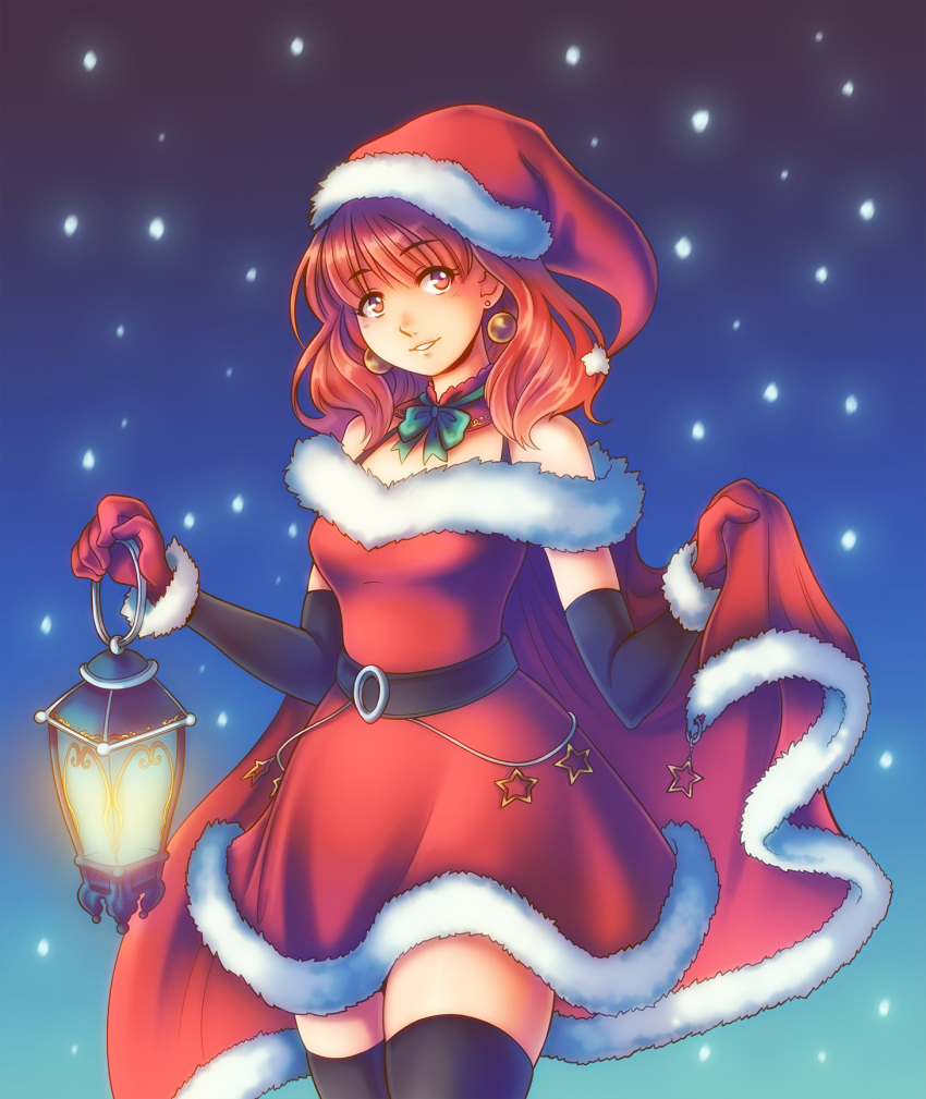 1girl belt cape celica_(fire_emblem) earrings fire_emblem fire_emblem_echoes:_shadows_of_valentia fire_emblem_heroes highres jewelry lamp red_cape red_eyes redhead santa_costume santa_dress snowcarnival thigh-highs