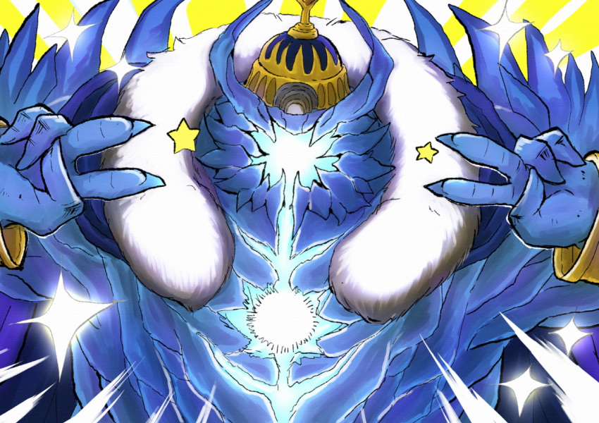 1boy bg_yowl blue_cape cape crown double_v emotional_engine_-_full_drive fate/grand_order fate_(series) fur_collar hands_up horns ivan_the_terrible_(fate/grand_order) looking_at_viewer parody sparkle star sunburst sunburst_background tusks v yellow_background