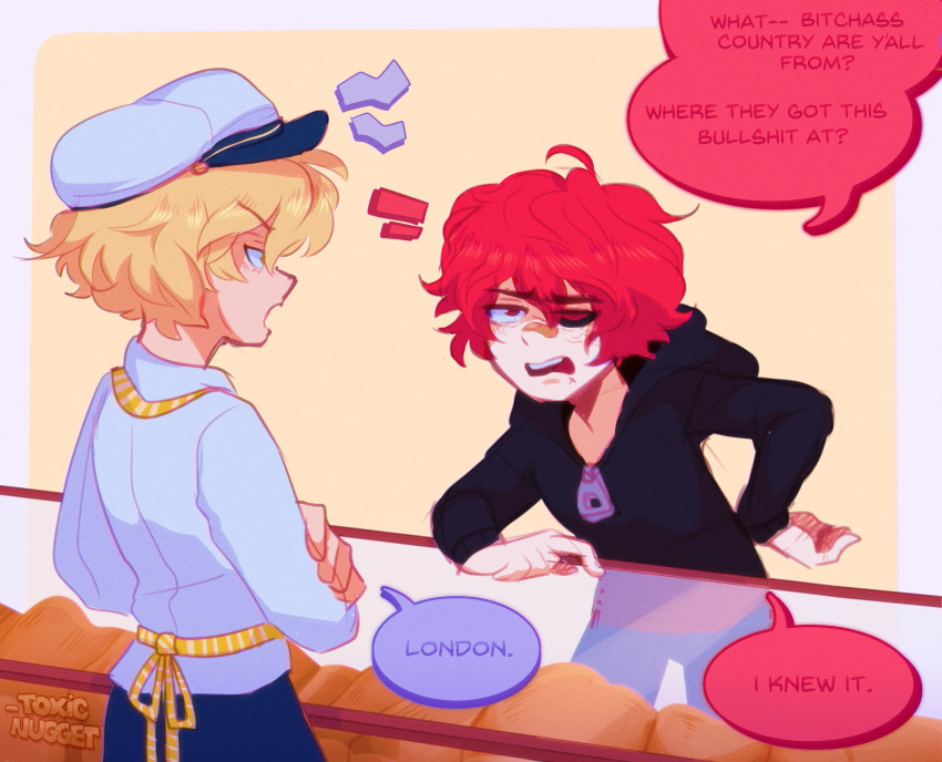 2boys absurdres angry apron artist_name black_hoodie black_sclera blonde_hair blue_pants bread counter crossed_arms english_commentary english_text food frustrated fukase hand_on_hip hat highres hood hoodie looking_at_another male_focus meme multiple_boys oliver_(vocaloid) pants profanity red_eyes redhead sailor_hat shop speech_bubble standing toxic_nugget upper_body v-shaped_eyebrows vocaloid zipper