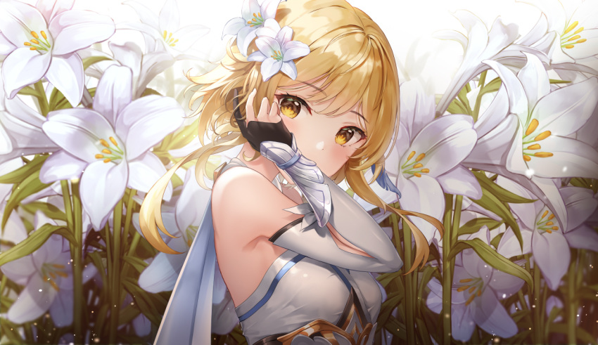 1girl backlighting bangs bare_shoulders black_gloves blonde_hair blush breasts brown_eyes commentary_request covered_mouth detached_sleeves dress eyebrows_visible_through_hair field flower flower_field gloves grey_sleeves hair_flower hair_ornament hand_up lily_(flower) long_hair long_sleeves lunacle original partly_fingerless_gloves sleeveless sleeveless_dress small_breasts solo upper_body vambraces white_background white_dress