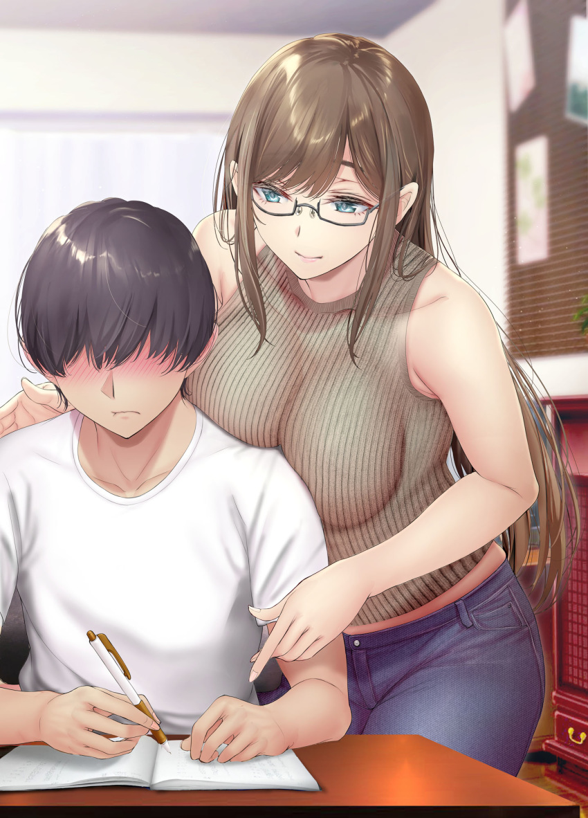 1boy 1girl bangs bare_shoulders black_hair blue_eyes blush breasts brown_hair closed_mouth commentary_request curtains denim desk faceless faceless_male gentsuki glasses highres holding holding_pen indoors large_breasts long_hair midriff notebook original pants pen ribbed_shirt shirt short_sleeves sidelocks sitting sleeveless sleeveless_shirt smile standing student studying teacher tutor white_shirt writing