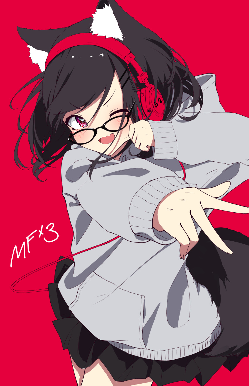 1girl ;d absurdres animal_ear_fluff animal_ears bangs black-framed_eyewear black_hair black_skirt blush commentary_request eyebrows_visible_through_hair fang foreshortening glasses grey_hoodie hair_ornament hairclip hands_up headphones highres hood hood_down hoodie long_hair long_sleeves mayogii one_eye_closed open_mouth original outstretched_arm pleated_skirt puffy_long_sleeves puffy_sleeves red_background simple_background skirt sleeves_past_wrists smile solo tail v-shaped_eyebrows