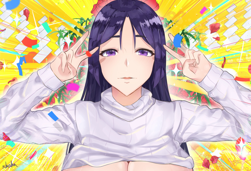 1girl absurdres bangs blush breasts clothes_lift confetti double_v emotional_engine_-_full_drive fate/grand_order fate_(series) flower hair_between_eyes hands_up highres huge_filesize large_breasts long_hair long_sleeves looking_at_viewer minamoto_no_raikou_(fate/grand_order) out-of-frame_censoring parody parted_bangs parted_lips purple_hair ribbed_sweater rose smile solo sparkle sunburst sunburst_background sweater sweater_lift turtleneck turtleneck_sweater v very_long_hair violet_eyes white_sweater xbaka yellow_background