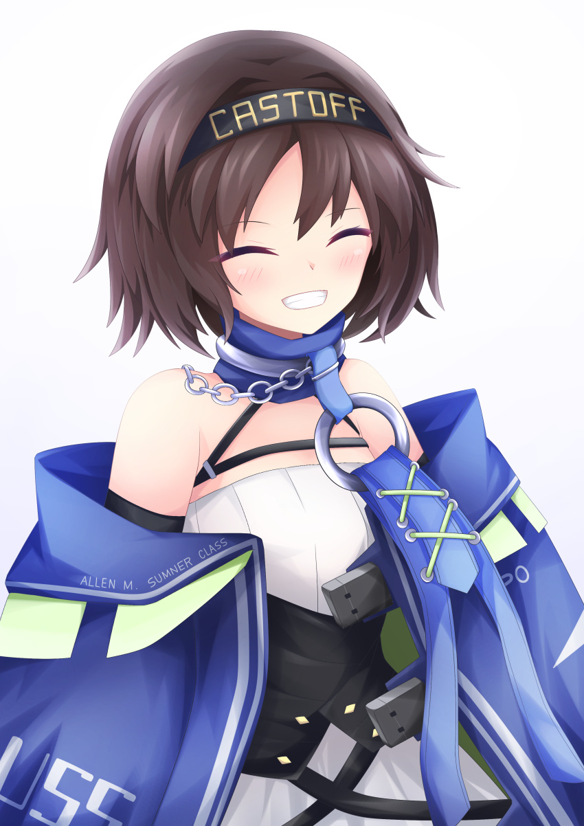 1girl ^_^ absurdres azur_lane bangs bare_shoulders black_hairband black_sleeves blue_cape blue_collar blush breasts brown_hair cape chain choker closed_eyes clothes_writing collar commentary_request cooper_(azur_lane) detached_sleeves dress eyebrows_visible_through_hair grin hachimaki hair_between_eyes hair_intakes hairband headband highres o-ring off_shoulder osatou_(soul_of_sugar) short_hair sidelocks simple_background sleeveless sleeveless_dress small_breasts smile solo standing striped upper_body vertical-striped_dress vertical_stripes white_background white_dress