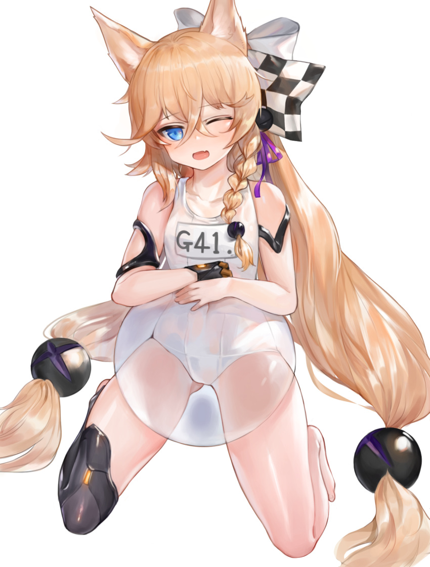 1girl ;d animal_ears armlet ass_visible_through_thighs ball bangs bare_shoulders beachball blonde_hair blue_eyes blush bow braid character_name checkered collarbone commentary_request competition_school_swimsuit covered_navel dokomon eyebrows_visible_through_hair fang full_body g41_(girls_frontline) girls_frontline hair_between_eyes hair_bow highres kneeling korean_commentary long_hair looking_at_viewer low_twintails name_tag one_eye_closed open_mouth prosthesis prosthetic_hand prosthetic_leg side_braid skin_fang smile solo swimsuit transparent twintails very_long_hair white_bow white_swimsuit