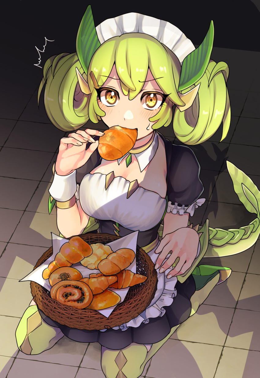 /\/\/\ 2girls animal_ears apron bangs black_dress blush bread breasts brown_choker caught choker cleavage_cutout commentary_request detached_collar dragon_ears dragon_girl dragon_horns dragon_tail dragonmaid_parla dragonmaid_tillroo dress duel_monster eyebrows_visible_through_hair food food_in_mouth frilled_apron frilled_sleeves frills full_body green_footwear green_hair green_legwear green_sash hair_between_eyes hair_ornament hair_rings hairclip hand_up highres horns lace-trimmed_apron looking_at_viewer maid maid_apron maid_dress maid_headdress multiple_girls popon_ta_(npopo) puffy_short_sleeves puffy_sleeves seiza shadow short_sleeves sidelocks sitting solo_focus surprised sweatdrop tail thigh-highs tile_floor tiles tissue tray twintails wrist_cuffs yellow_eyes yellow_horns yuu-gi-ou zettai_ryouiki