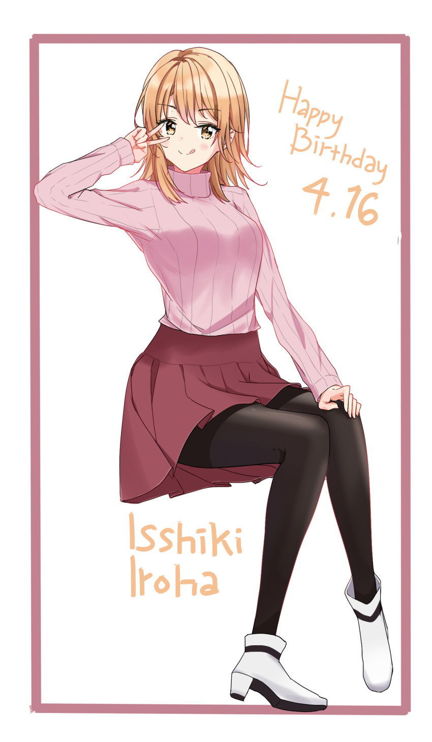 1girl :q absurdres arrichee bangs black_legwear blonde_hair character_name closed_mouth eyebrows_visible_through_hair full_body hand_on_own_knee happy_birthday highres invisible_chair isshiki_iroha long_hair long_sleeves looking_at_viewer miniskirt pantyhose pink_sweater pleated_skirt red_skirt ribbed_sweater shiny shiny_hair simple_background sitting skirt smile solo sweater tongue tongue_out turtleneck turtleneck_sweater v_over_eye white_background white_footwear yahari_ore_no_seishun_lovecome_wa_machigatteiru. yellow_eyes