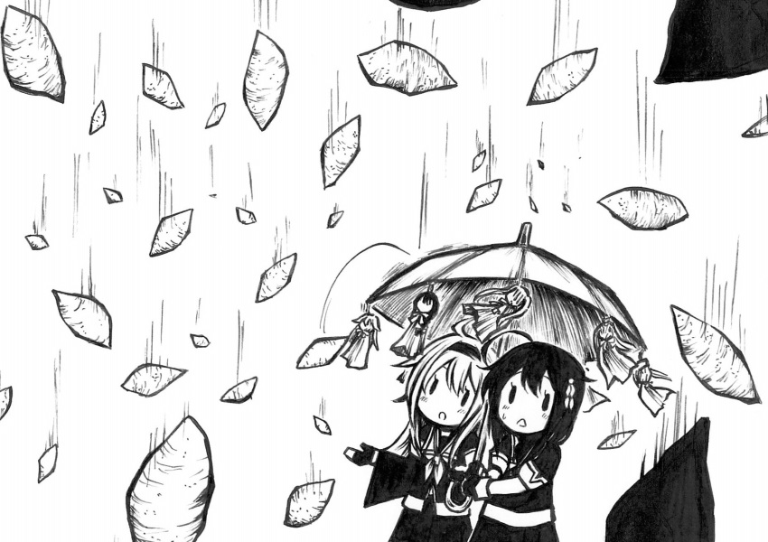 2girls ahoge bangs commentary_request eyebrows_visible_through_hair falling food gloves greyscale hair_between_eyes hair_ornament hairband highres holding holding_umbrella kantai_collection monochrome multiple_girls nib_pen_(medium) outstretched_arm potato remodel_(kantai_collection) school_uniform serafuku shigure_(kantai_collection) shiratsuyu_(kantai_collection) short_sleeves sidelocks sweet_potato teruterubouzu todoroki traditional_media umbrella wide_sleeves