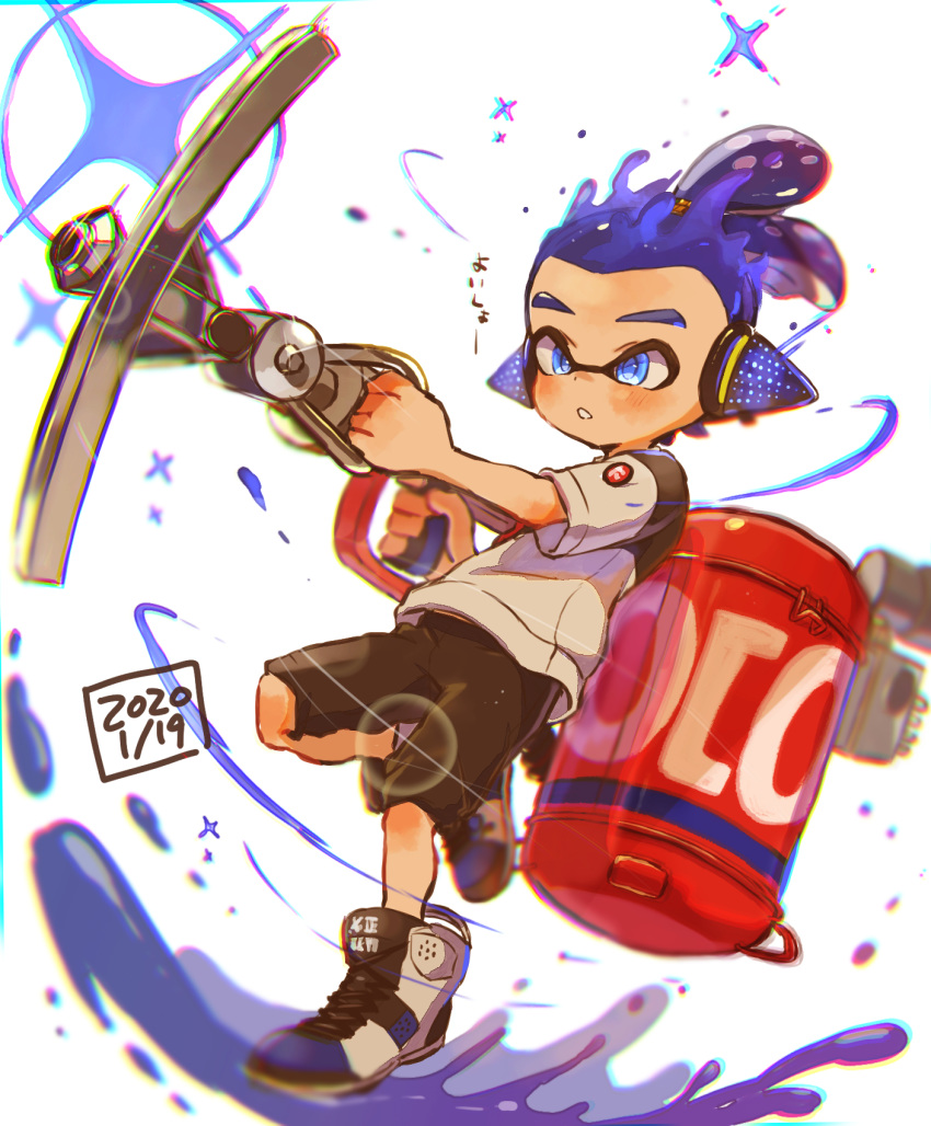 1boy action black_shorts blue_eyes blue_hair blurry dated domino_mask harutarou_(orion_3boshi) headgear high_tops highres holding holding_weapon inkling leg_up logo looking_to_the_side male_focus mask parted_lips scrunchie shirt shoes short_hair short_sleeves shorts solo sparkle splatoon_(series) splatoon_2 standing standing_on_one_leg sting_ray_(splatoon) tentacle_hair topknot translated weapon white_footwear white_shirt