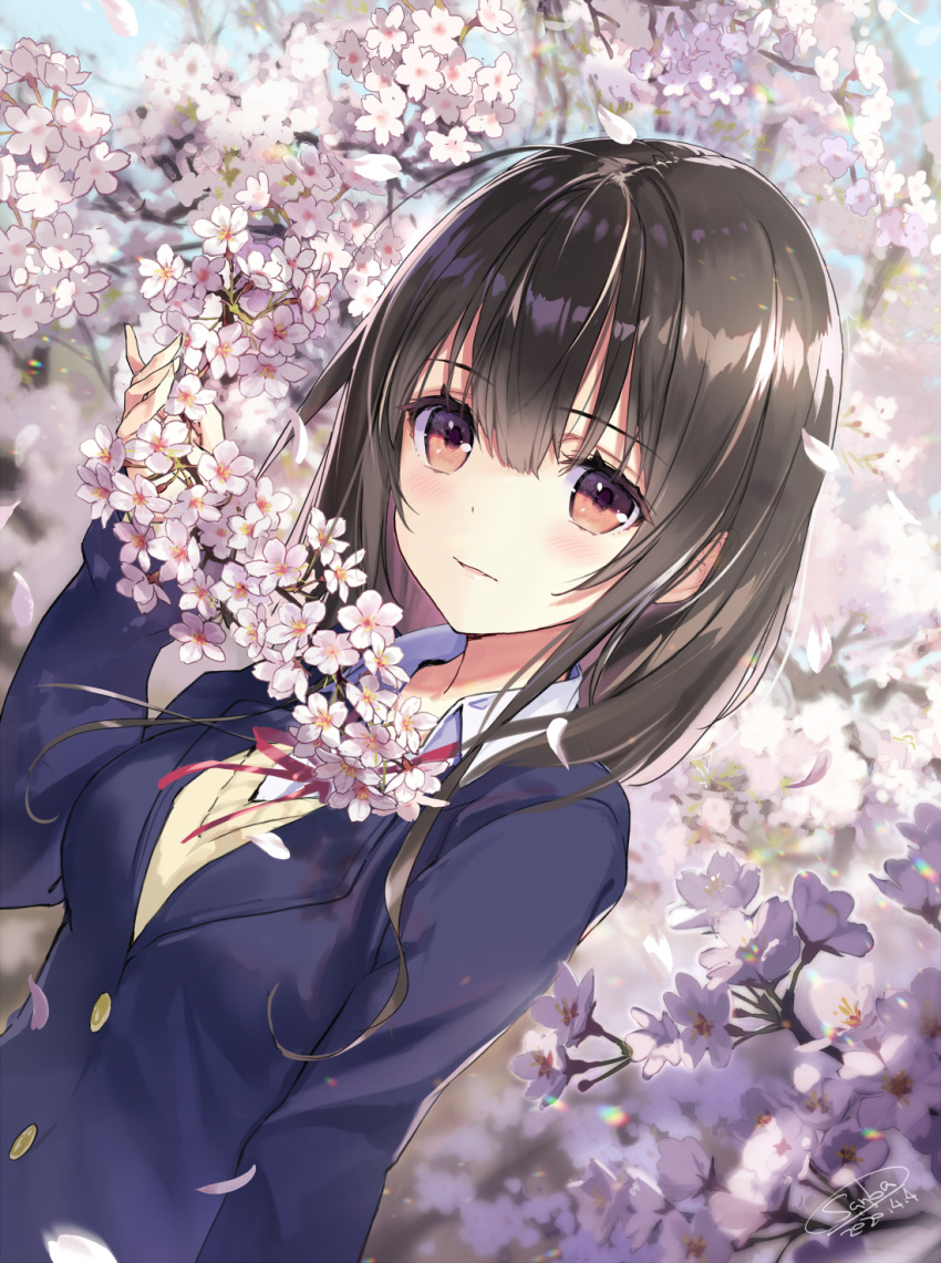 1girl black_jacket blazer blush breasts brown_hair cherry_blossoms collared_shirt commentary_request dated day dutch_angle hand_up highres jacket light_smile long_hair long_sleeves looking_at_viewer neck_ribbon original outdoors parted_lips red_eyes red_neckwear red_ribbon ribbon sanbasou school_uniform shirt signature small_breasts solo upper_body