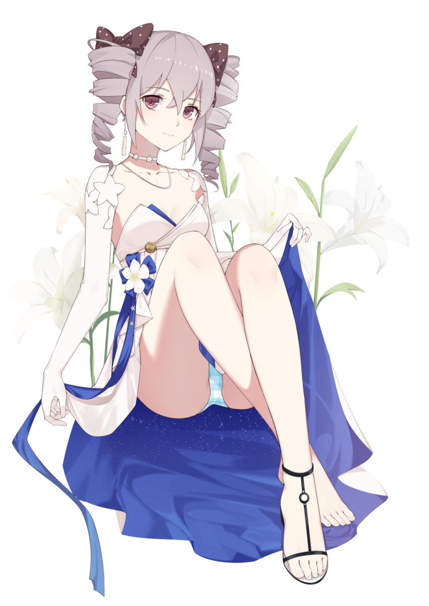 1girl bangs bare_legs bare_shoulders blue_dress blue_ribbon bow bronya_zaychik bronya_zaychik_(wolf's_dawn) choker crossed_bangs dress drill_hair earrings elbow_gloves feet floral_background flower full_body gloves grey_eyes grey_hair hair_bow highres honkai_(series) honkai_impact_3rd hymxiaocyan jewelry lily_(flower) long_hair necklace panties pantyshot pantyshot_(sitting) polka_dot polka_dot_bow ribbon sandals sitting sky_print smile solo striped striped_panties toes twin_drills two-tone_dress underwear white_choker white_dress white_gloves