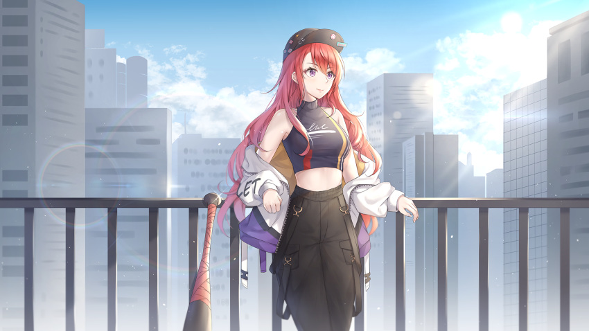 1girl bare_shoulders baseball_bat baseball_cap black_headwear black_shirt breasts building city cityscape closed_mouth commission crop_top cuna_(qunya) day hat highres jacket large_breasts lens_flare light_rays long_hair looking_away midriff off_shoulder open_clothes open_jacket original outdoors pants railing redhead shirt skyscraper sleeveless sleeveless_shirt smile solo standing sunbeam sunlight violet_eyes wallpaper wavy_hair white_jacket wide_shot