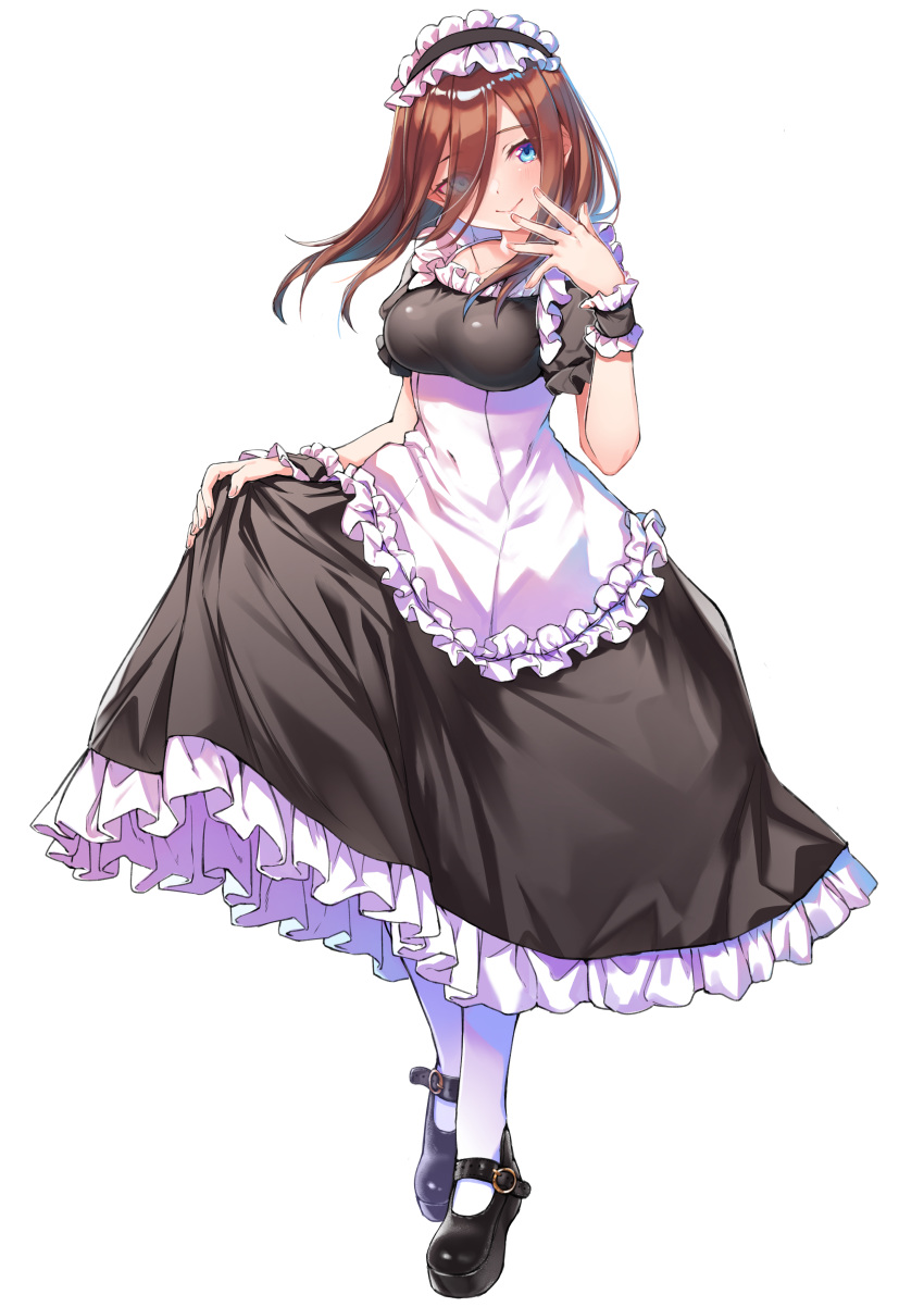 1girl absurdres alternate_costume black_footwear blue_eyes closed_mouth commentary_request enmaided eyes_visible_through_hair full_body go-toubun_no_hanayome hair_between_eyes hand_up highres looking_at_viewer maid maid_headdress mary_janes nakano_miku shoes simple_background smile solo standing wachiroku_(masakiegawa86) white_background