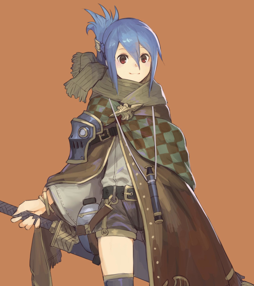 1girl armor bangs belt belt_buckle black_belt blue_hair brooch brown_background brown_cape brown_eyes buckle cape checkered checkered_cape closed_mouth commentary_request facing_viewer fantasy flask grey_scarf grey_shorts hair_between_eyes highres holding holding_sword holding_weapon jewelry looking_at_viewer medium_hair nkmr8 original ponytail scabbard scarf sheath sheathed short_shorts shorts simple_background smile solo standing sword thigh-highs upper_body weapon zettai_ryouiki