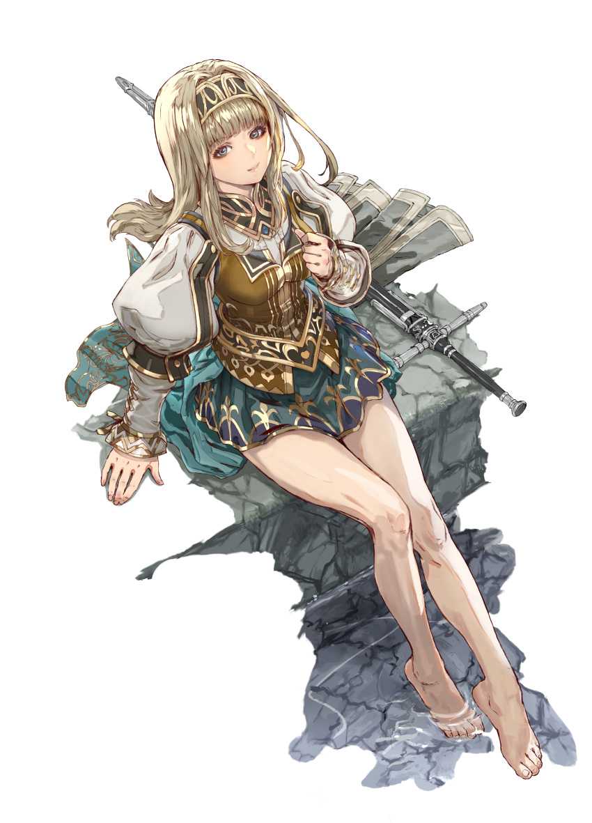 1girl absurdres alicia_(valkyrie_profile_2) aqua_eyes arm_support bangs barefoot breasts commentary_request eyebrows_visible_through_hair feet fingernails full_body hair_ornament hairband hand_up highres light_smile lips long_hair long_sleeves looking_at_viewer medium_breasts miniskirt puffy_sleeves shiny shiny_hair simple_background sitting skirt smile soaking_feet solo sword toes valkyrie_profile valkyrie_profile_2 water weapon yasuda_akira