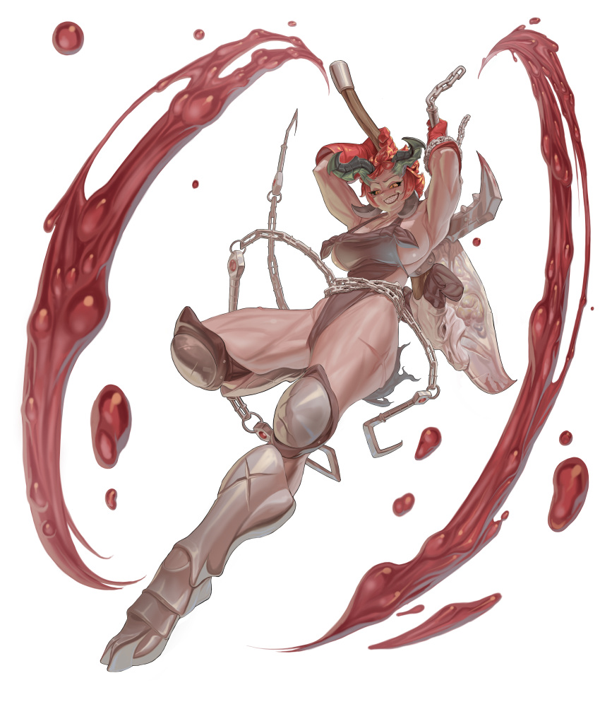 1girl absurdres armor armpits arms_up black_sclera blood bloody_weapon brown_leotard chain dual_wielding gloves greaves highres holding holding_sickle holding_sword holding_weapon hook horns huge_filesize leotard monster_frog monster_girl muscle orange_eyes original red_gloves redhead scar scratches sharp_teeth short_hair sickle skull slit_pupils smile solo sword teeth torn_clothes transparent_background weapon white_backpack