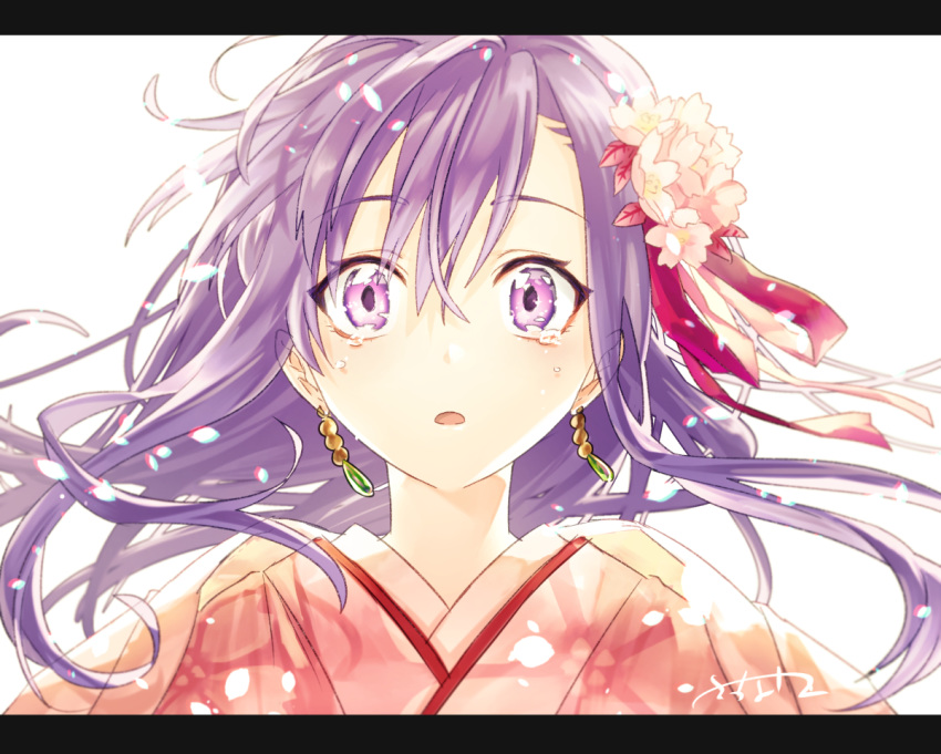1girl :o bloom chromatic_aberration commentary_request earrings ears_visible_through_hair eyebrows_visible_through_hair eyes_visible_through_hair fate/grand_order fate_(series) floating_hair flower hair_between_eyes hair_flower hair_ornament japanese_clothes jewelry kimono letterboxed long_hair looking_at_viewer matou_sakura open_mouth parvati_(fate/grand_order) petals pink_kimono portrait purple_hair sakanahen signature simple_background solo tears violet_eyes white_background