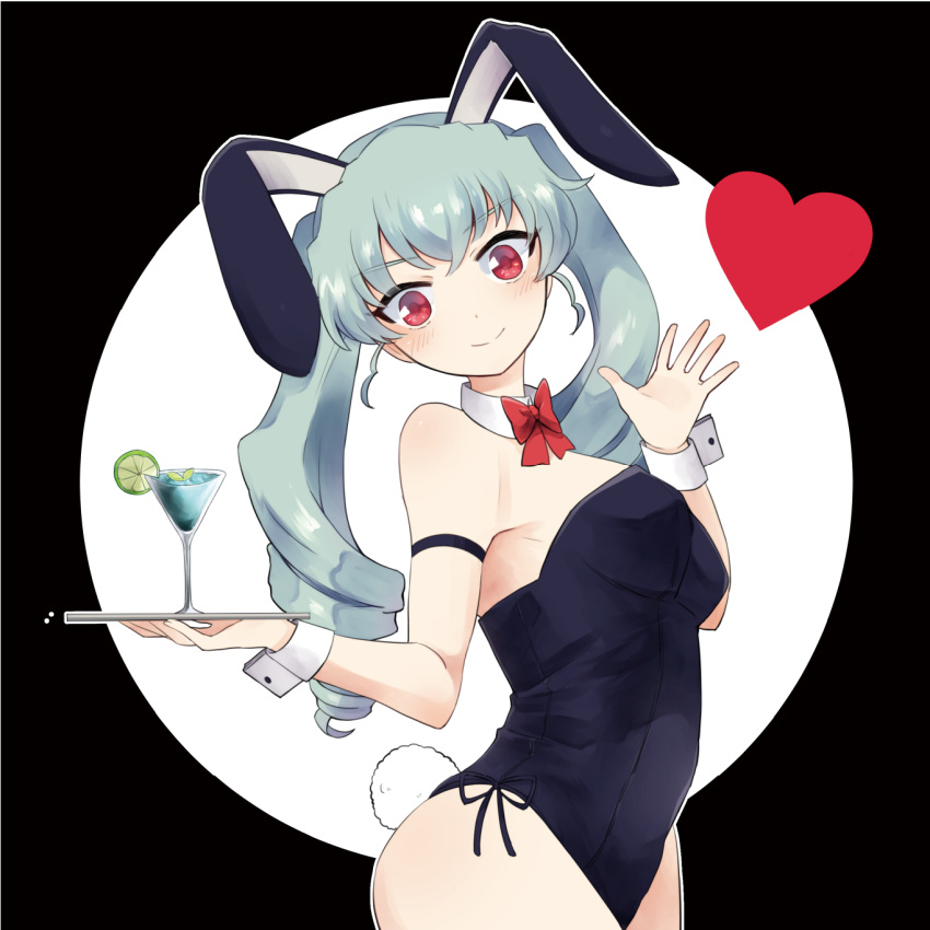 1girl alternate_costume anchovy_(girls_und_panzer) animal_ears arms_up bangs black_leotard bow bowtie bunny_tail bunnysuit closed_mouth cocktail_glass collar commentary cowboy_shot cup detached_collar drill_hair drinking_glass eyebrows_visible_through_hair fake_animal_ears fake_tail girls_und_panzer green_hair heart highres holding holding_tray leotard light_blush lime_slice long_hair looking_at_viewer outline rabbit_ears red_eyes red_neckwear smile solo standing strapless strapless_leotard tail tray twin_drills twintails waving white_collar white_outline zarameru_(tsukumo)
