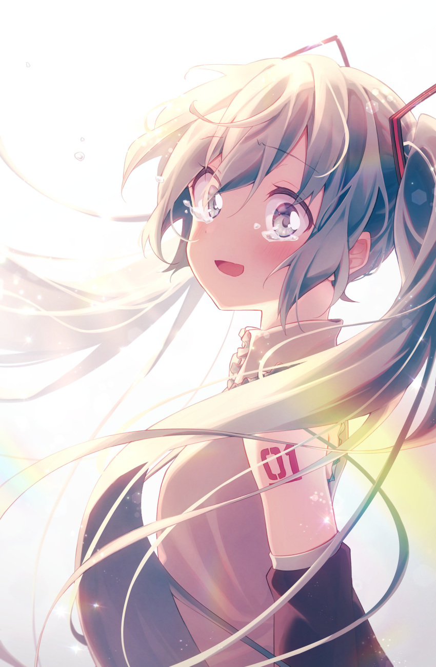 1girl absurdres aizaki_(aizkaizk) aqua_eyes aqua_hair collared_shirt commentary crying crying_with_eyes_open detached_sleeves eyebrows_visible_through_hair from_side grey_shirt hatsune_miku highres lens_flare long_hair looking_at_viewer open_mouth shirt shoulder_tattoo sleeveless sleeveless_shirt solo tattoo tears twintails upper_body vocaloid wing_collar