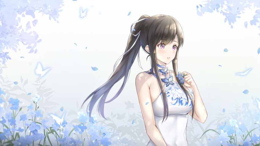1girl armpit_crease bare_arms bare_shoulders black_hair blue_flower breasts choker commission cuna_(qunya) dress flower hair_ribbon highres holding large_breasts long_hair looking_away original parted_lips ponytail ribbon sidelocks sleeveless sleeveless_dress solo violet_eyes wallpaper white_dress