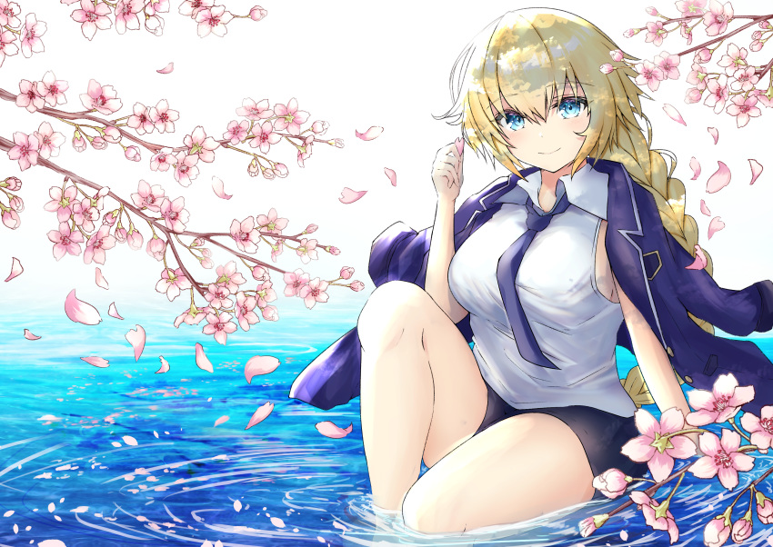 1girl absurdres bangs black_shorts blonde_hair blue_eyes blue_jacket blue_neckwear braid breasts cherry_blossoms closed_mouth collared_shirt commentary_request eyebrows_visible_through_hair fate/apocrypha fate_(series) highres jacket jacket_on_shoulders jeanne_d'arc_(fate) jeanne_d'arc_(fate)_(all) long_hair long_sleeves looking_at_viewer medium_breasts necktie nuts_p_nuts open_clothes open_jacket outdoors petals ripples shallow_water shirt short_shorts shorts single_braid sitting smile solo spring_(season) tree_branch very_long_hair water white_shirt