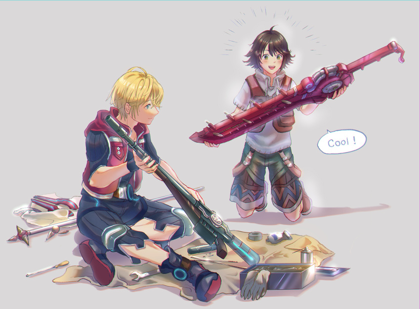 2boys :d disassembly english_text fuwamoko_momen_toufu grey_background gun highres juju_(xenoblade) maintenance monado multiple_boys open_mouth screwdriver shorts shulk simple_background smile staff sword vest weapon wrench xenoblade_(series) xenoblade_1