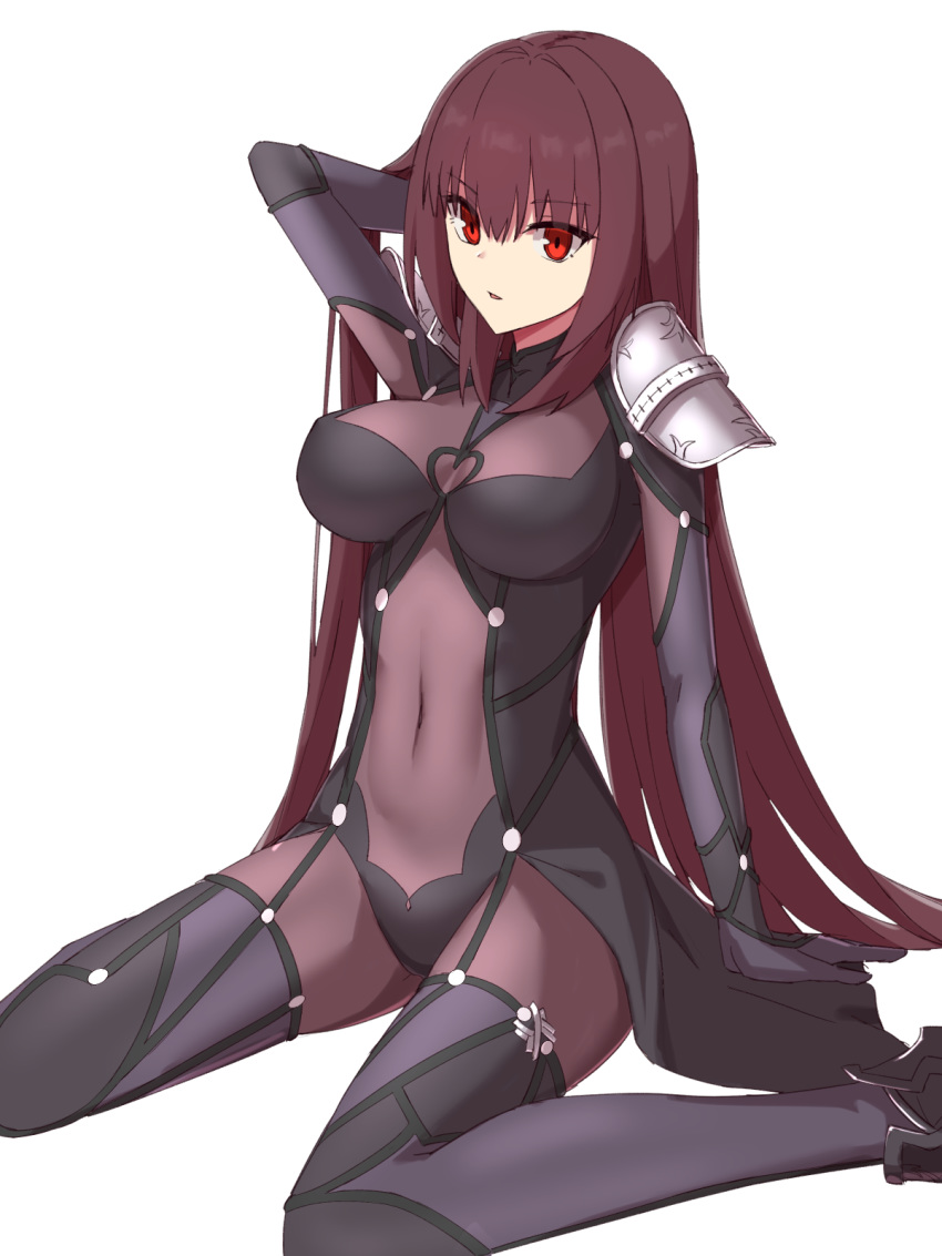 1girl bangs blush bodysuit breasts commentary_request covered_navel elfenlied22 eyebrows_visible_through_hair fate/grand_order fate_(series) hair_between_eyes hair_intakes highres kneeling large_breasts long_hair looking_at_viewer purple_bodysuit purple_hair red_eyes scathach_(fate)_(all) scathach_(fate/grand_order) simple_background smile solo very_long_hair white_background