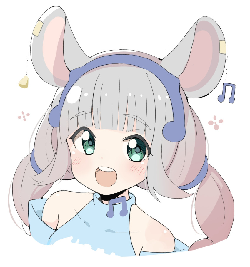 1girl :d animal_ears bangs beamed_eighth_notes blue_shirt blush collarbone commentary covered_collarbone cropped_torso ear_piercing eyebrows_visible_through_hair face green_eyes grey_hair hatsuka_chiyu highres long_hair looking_at_viewer mouse_ears musical_note okota_mikan open_mouth original piercing round_teeth shirt sidelocks simple_background sleeveless sleeveless_shirt smile solo teeth twintails upper_body upper_teeth virtual_youtuber white_background