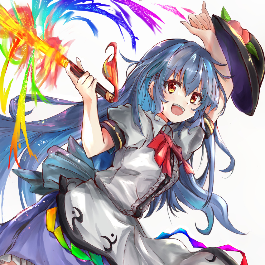 1girl absurdres bangs black_headwear blouse blue_bow blue_dress blue_hair bow dress eyebrows_visible_through_hair fire food fruit hair_between_eyes hands_up hat highres hinanawi_tenshi holding ikazuchi_akira long_hair looking_at_viewer multicolored multicolored_eyes no_headwear open_mouth peach puffy_short_sleeves puffy_sleeves rainbow red_bow red_eyes red_neckwear short_sleeves simple_background smile solo sword touhou weapon white_background white_blouse white_sleeves yellow_eyes