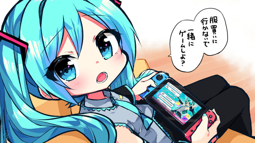 1girl aqua_eyes aqua_hair aqua_nails aqua_neckwear bare_shoulders black_legwear black_skirt black_sleeves blush commentary couch detached_sleeves from_above furrowed_eyebrows grey_shirt hair_ornament handheld_game_console hatsune_miku highres holding_handheld_game_console kasakisakura long_hair looking_at_viewer nail_polish necktie nintendo_switch open_mouth playing_games project_diva_(series) project_diva_mega39s shirt sitting skirt sleeveless sleeveless_shirt speech_bubble thigh-highs translated twintails very_long_hair vocaloid worried