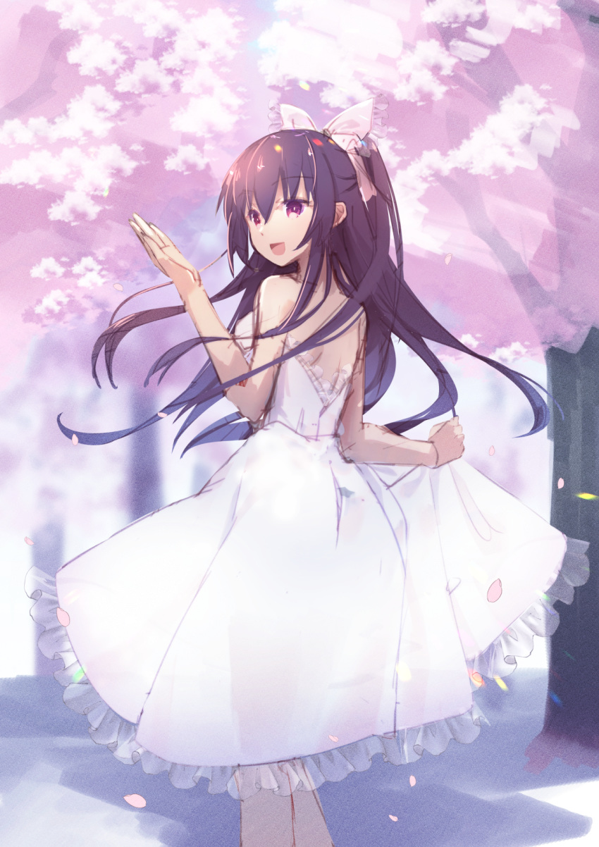 1girl :d backless_dress backless_outfit bangs bare_arms bare_shoulders black_hair blush bow cherry_blossoms commentary_request date_a_live dress eyebrows_visible_through_hair flower frilled_dress frills hair_between_eyes hair_bow hand_up highres long_hair looking_away looking_to_the_side mo_(pixiv9929995) open_mouth petals pink_bow pink_flower pleated_dress ponytail see-through see-through_silhouette skirt_hold smile solo strapless strapless_dress tree very_long_hair violet_eyes white_dress yatogami_tooka