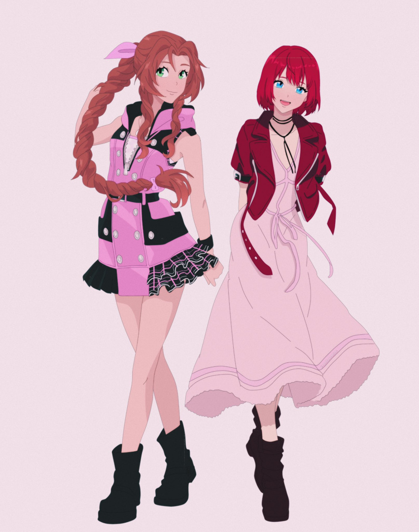 2girls aerith_gainsborough aerith_gainsborough_(cosplay) black_footwear blue_eyes brown_hair cosplay costume_switch dress english_commentary final_fantasy final_fantasy_vii final_fantasy_vii_remake full_body green_eyes highres kairi_(kingdom_hearts) kairi_(kingdom_hearts)_(cosplay) kingdom_hearts multiple_girls pink_dress redhead simple_background skirt vanitasnation