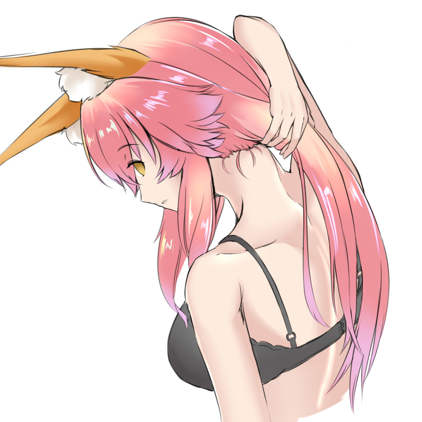 1girl animal_ear_fluff animal_ears bangs black_bra bra breasts cropped_torso eyebrows_visible_through_hair fate/extra fate_(series) fox_ears from_behind hair_between_eyes highres kamehito long_hair medium_breasts nape parted_lips pink_hair shiny shiny_hair simple_background sketch solo tamamo_(fate)_(all) tamamo_no_mae_(fate) underwear underwear_only upper_body very_long_hair white_background yellow_eyes