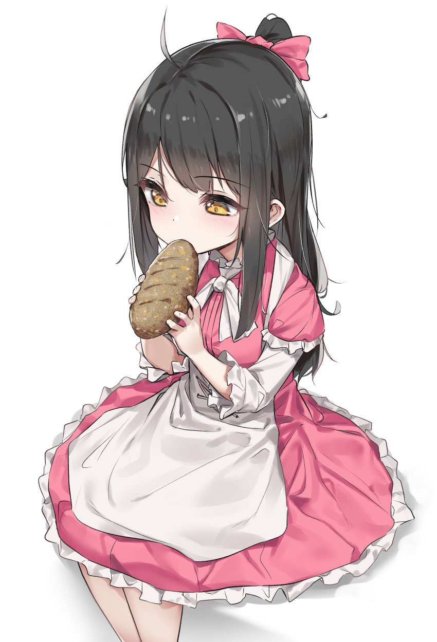 1girl absurdres ahoge apron bangs black_hair blush bow bread brown_hair child dress eating eyebrows_visible_through_hair feet_out_of_frame food frilled_dress frills hair_bow hands_up highres holding holding_food long_hair long_sleeves one_side_up original pink_bow pink_dress ponytail short_over_long_sleeves short_sleeves sitting solo very_long_hair wet.elephant white_apron white_background yellow_eyes