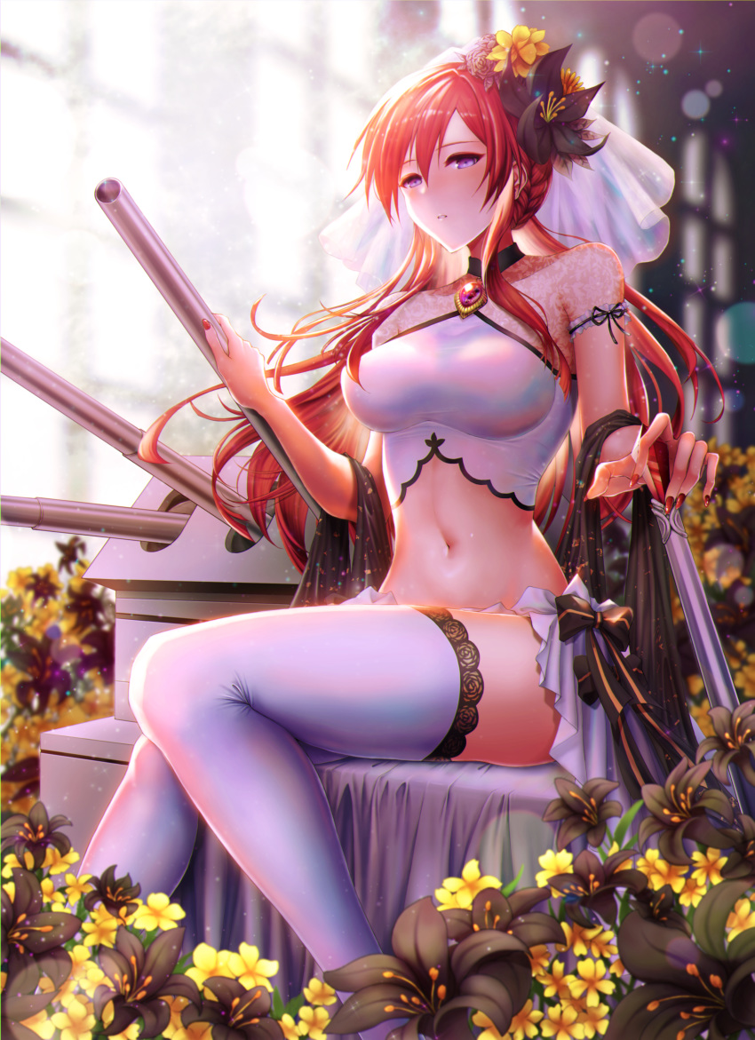 1girl absurdres azur_lane blurry blurry_background braid breasts commentary_request crown_braid dress enoa flower greenhouse hair_bun hair_flower hair_ornament highres huge_filesize impossible_clothes impossible_dress large_breasts long_hair monarch_(azur_lane) navel red_nails redhead skirt solo thigh-highs turret veil violet_eyes white_legwear