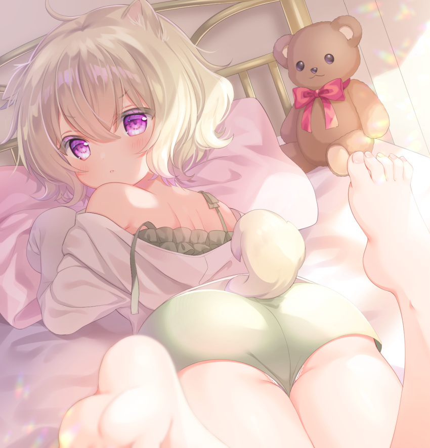 1girl animal_ear_fluff animal_ears ass bangs bare_shoulders barefoot bed blush bow camisole commentary_request eyebrows_visible_through_hair feet green_camisole green_shorts grey_hair hair_between_eyes highres jacket komachi_pochi long_sleeves looking_at_viewer looking_back lying off_shoulder on_bed on_stomach open_clothes open_jacket original panties parted_lips pillow red_bow short_hair short_shorts shorts sleeves_past_fingers sleeves_past_wrists soles solo stuffed_animal stuffed_toy tail teddy_bear underwear v-shaped_eyebrows violet_eyes white_jacket white_panties